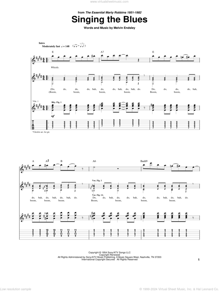Singing The Blues sheet music for guitar (tablature) by Guy Mitchell, Marty Robbins and Melvin Endsley, intermediate skill level