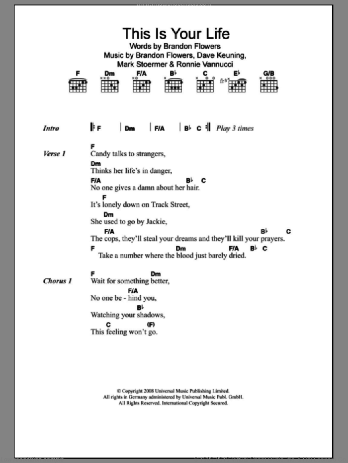 This Is Your Life sheet music for guitar (chords) by The Killers, Brandon Flowers, Dave Keuning, Mark Stoermer and Ronnie Vannucci, intermediate skill level