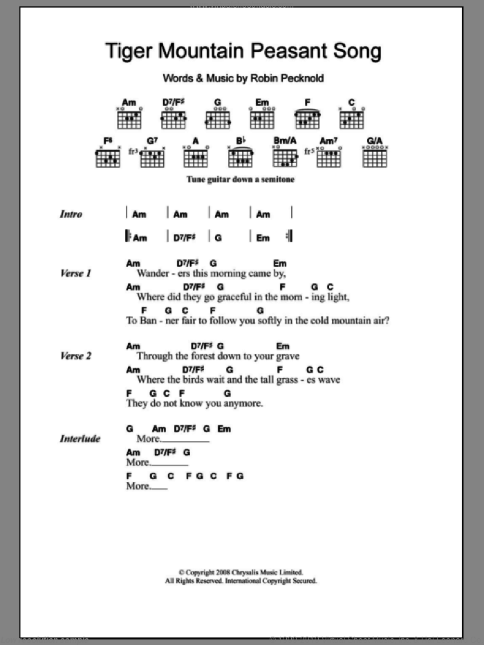 Tiger Mountain Peasant Song sheet music for guitar (chords) by Fleet Foxes and Robin Pecknold, intermediate skill level