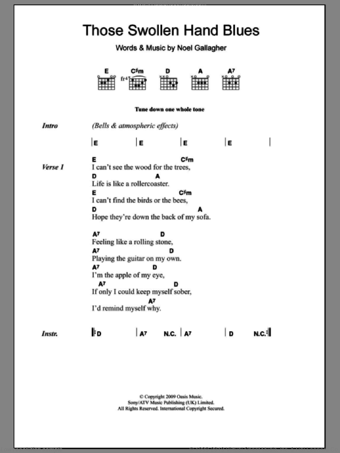 Those Swollen Hand Blues sheet music for guitar (chords) by Oasis and Noel Gallagher, intermediate skill level