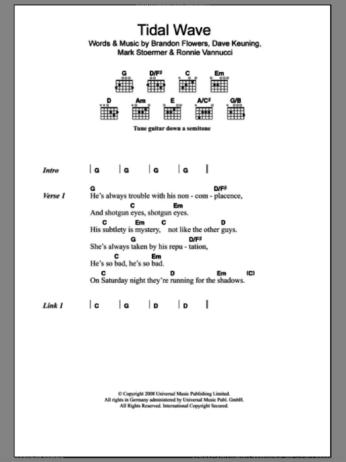 Tidal Wave sheet music for guitar (chords) by The Killers, Brandon Flowers, Dave Keuning, Mark Stoermer and Ronnie Vannucci, intermediate skill level