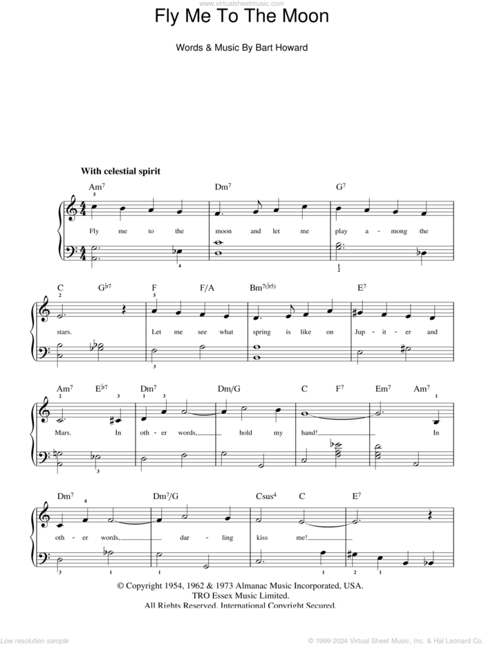 Fly Me To The Moon (In Other Words), (easy) (In Other Words) sheet music for piano solo by Frank Sinatra, Diana Krall and Bart Howard, wedding score, easy skill level