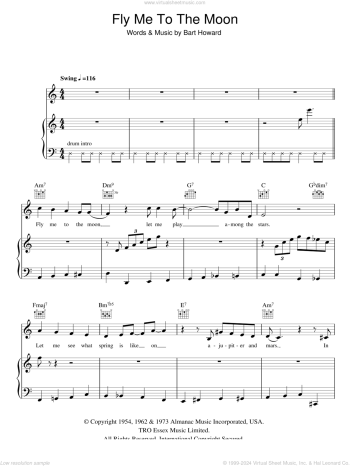 Fly Me To The Moon (In Other Words) sheet music for voice, piano or guitar by Frank Sinatra, Diana Krall and Bart Howard, wedding score, intermediate skill level