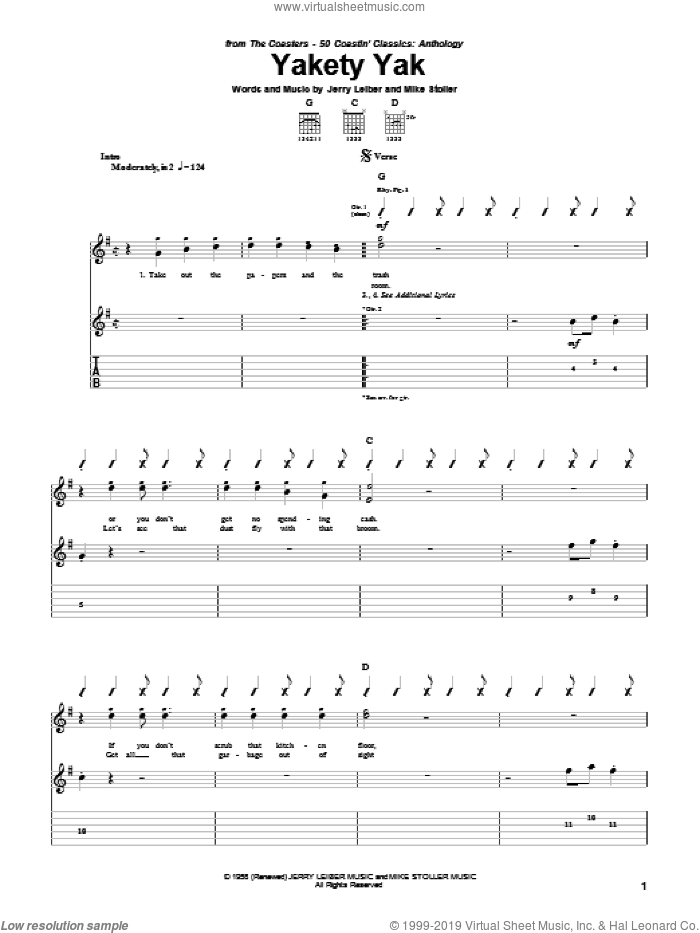 Yakety Yak sheet music for guitar (tablature) by The Coasters, Leiber & Stoller, Jerry Leiber and Mike Stoller, intermediate skill level
