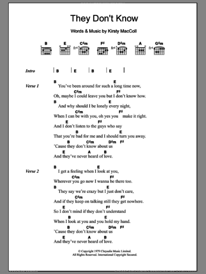 They Don't Know sheet music for guitar (chords) by Kirsty MacColl, intermediate skill level