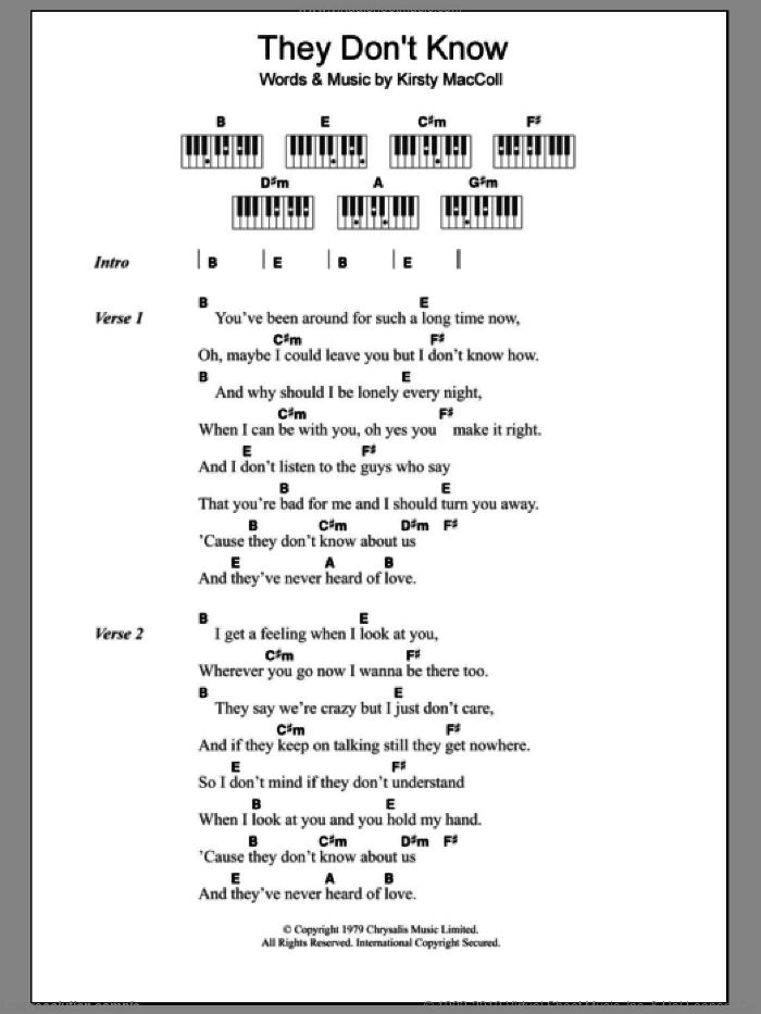 They Don't Know sheet music for piano solo (chords, lyrics, melody) by Kirsty MacColl, intermediate piano (chords, lyrics, melody)