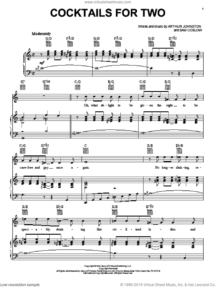 Cocktails For Two sheet music for voice, piano or guitar by Arthur Johnston, Art Tatum, Benny Carter, Spike Jones & The City Slickers and Sam Coslow, intermediate skill level