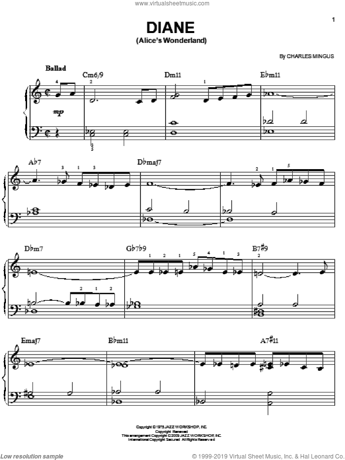 Diane (Alice's Wonderland) sheet music for piano solo by Charles Mingus, easy skill level