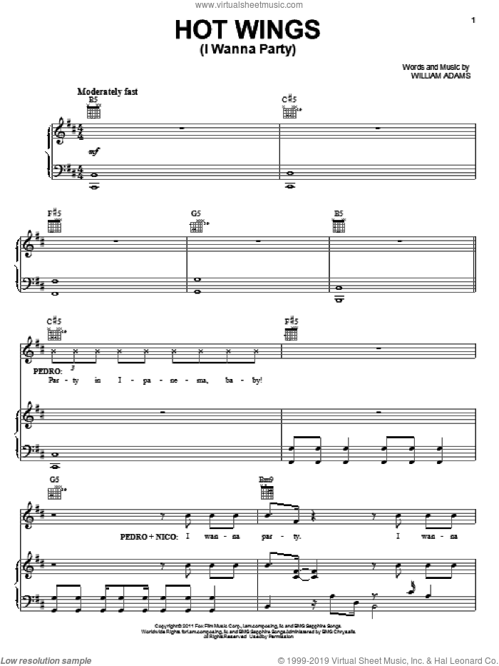 Hot Wings (I Wanna Party) sheet music for voice, piano or guitar by Will Adams and Rio (Movie), intermediate skill level