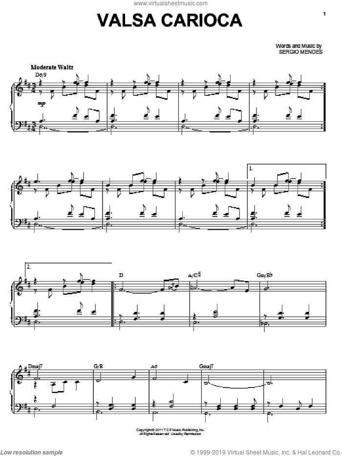 Valsa Carioca sheet music for voice, piano or guitar by Sergio Mendes and Rio (Movie), intermediate skill level