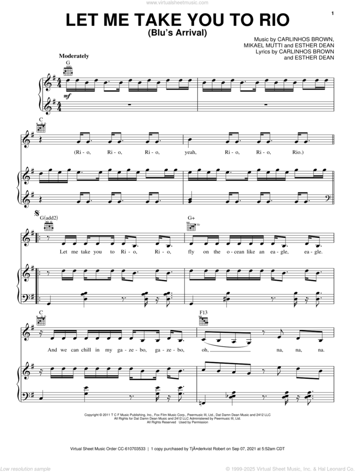 Let Me Take You To Rio (Blu's Arrival) sheet music for voice, piano or guitar by Carlinhos Brown, Rio (Movie), Ester Dean and Mikael Mutti, intermediate skill level