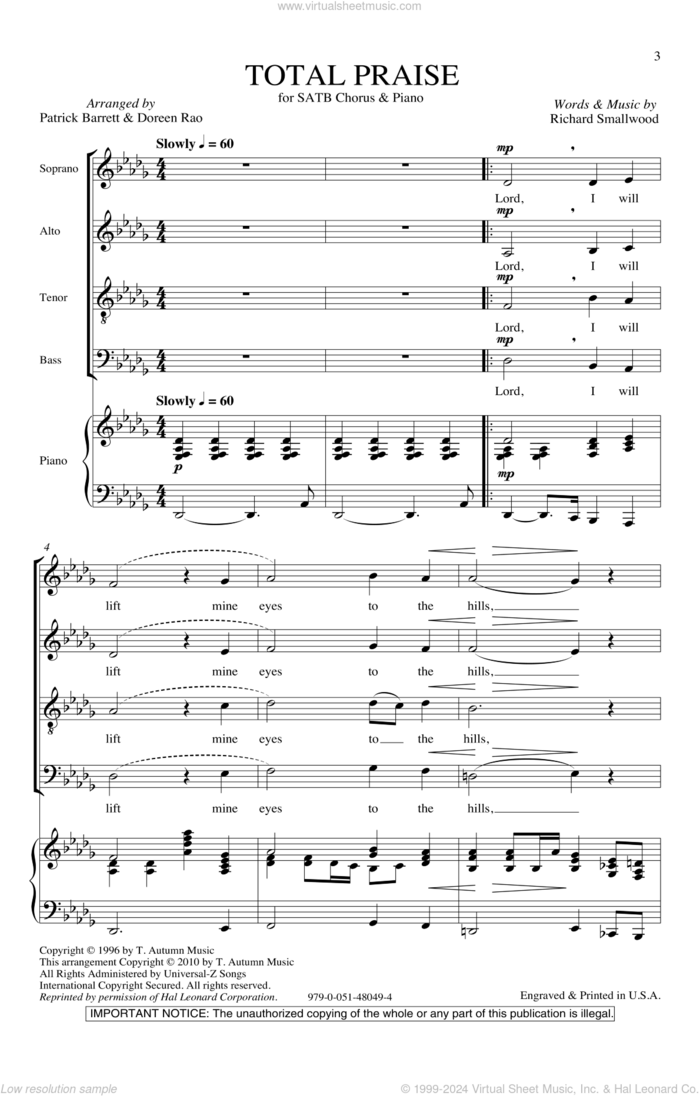 Total Praise sheet music for choir (SATB: soprano, alto, tenor, bass) by Richard Smallwood and Doreen Rao, intermediate skill level