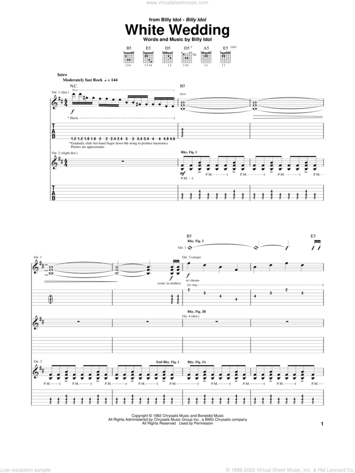 White Wedding sheet music for guitar (tablature) by Billy Idol, intermediate skill level