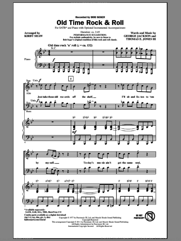 Old Time Rock and Roll sheet music for choir (SATB: soprano, alto, tenor, bass) by George Jackson, Bob Seger and Kirby Shaw, intermediate skill level