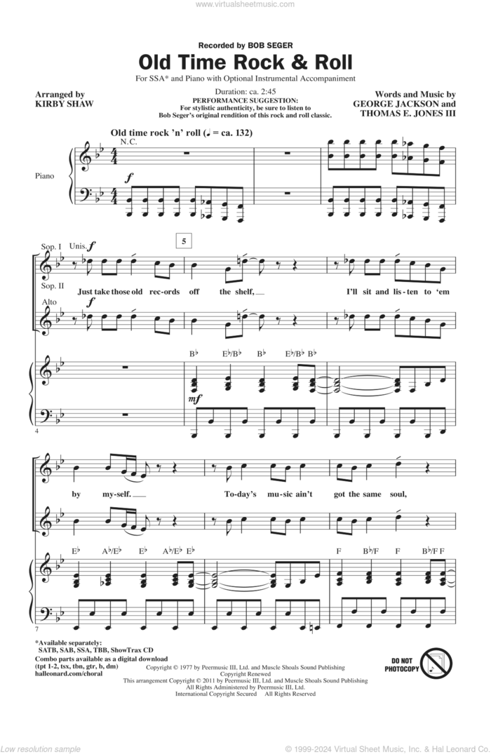 Old Time Rock and Roll sheet music for choir (SSA: soprano, alto) by George Jackson, Bob Seger and Kirby Shaw, intermediate skill level