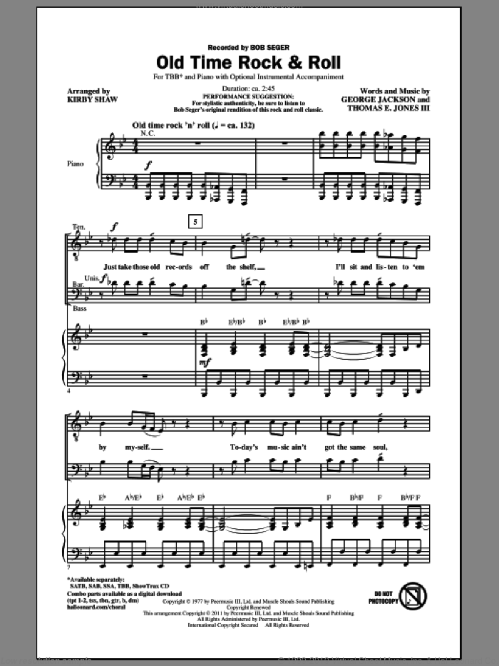 Old Time Rock and Roll sheet music for choir (TBB: tenor, bass) by George Jackson, Bob Seger and Kirby Shaw, intermediate skill level