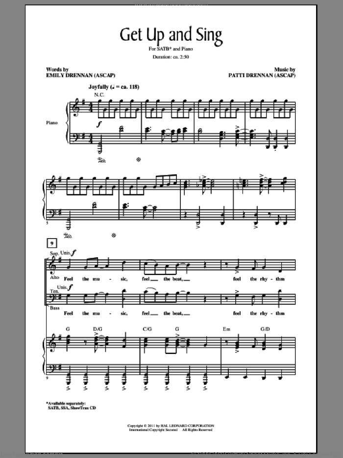 Get Up And Sing! sheet music for choir (SATB: soprano, alto, tenor, bass) by Patti Drennan and Emily Drennan, intermediate skill level