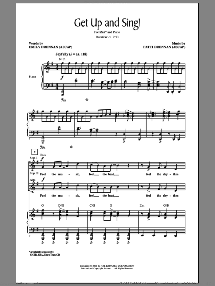 Get Up And Sing! sheet music for choir (SSA: soprano, alto) by Patti Drennan and Emily Drennan, intermediate skill level