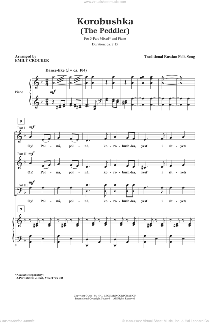 Korobushka (arr. Emily Crocker) sheet music for choir (3-Part Mixed) by Emily Crocker and Miscellaneous, intermediate skill level
