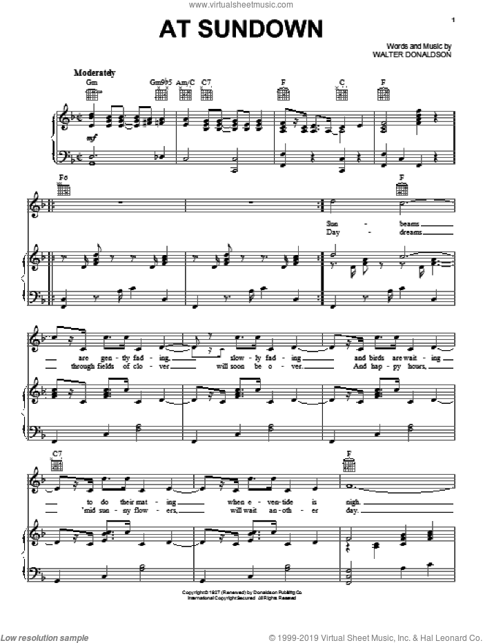 At Sundown sheet music for voice, piano or guitar by Walter Donaldson, Glenn Miller, Mildred Bailey and Muggsy Spanier, intermediate skill level