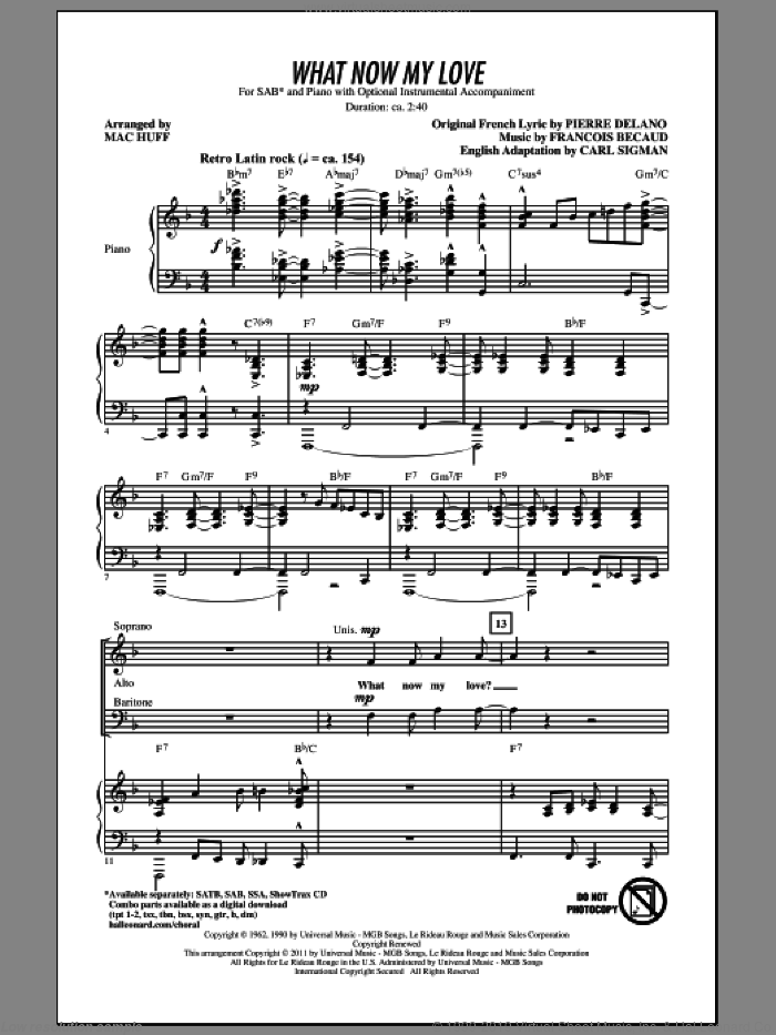 What Now My Love sheet music for choir (SAB: soprano, alto, bass) by Carl Sigman, Francois Becaud, Herb Alpert, Pierre Delanoe, Elvis Presley, Mac Huff and Sonny & Cher, intermediate skill level