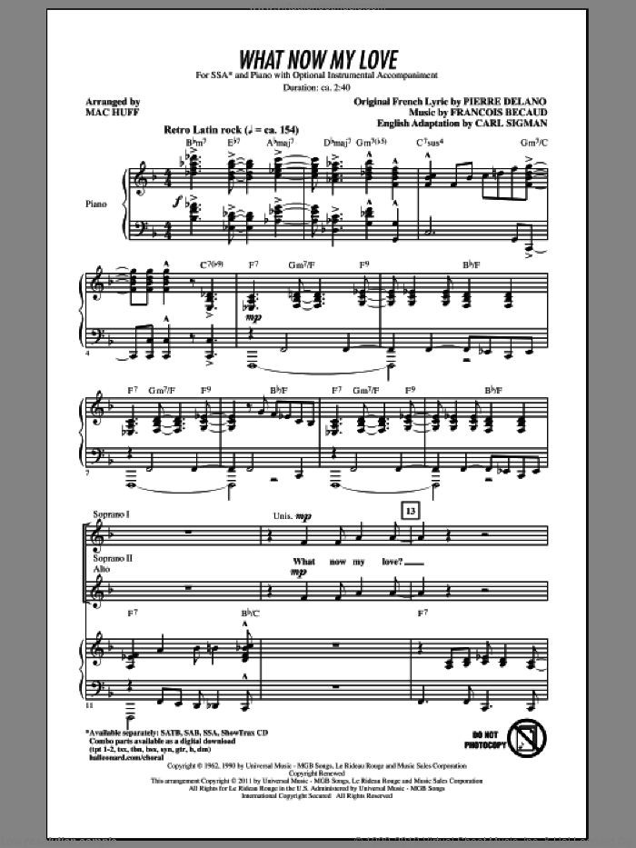 What Now My Love sheet music for choir (SSA: soprano, alto) by Carl Sigman, Francois Becaud, Herb Alpert, Pierre Delanoe, Elvis Presley, Mac Huff and Sonny & Cher, intermediate skill level