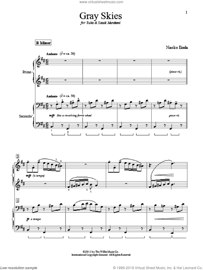 Gray Skies sheet music for piano four hands by Naoko Ikeda, intermediate skill level