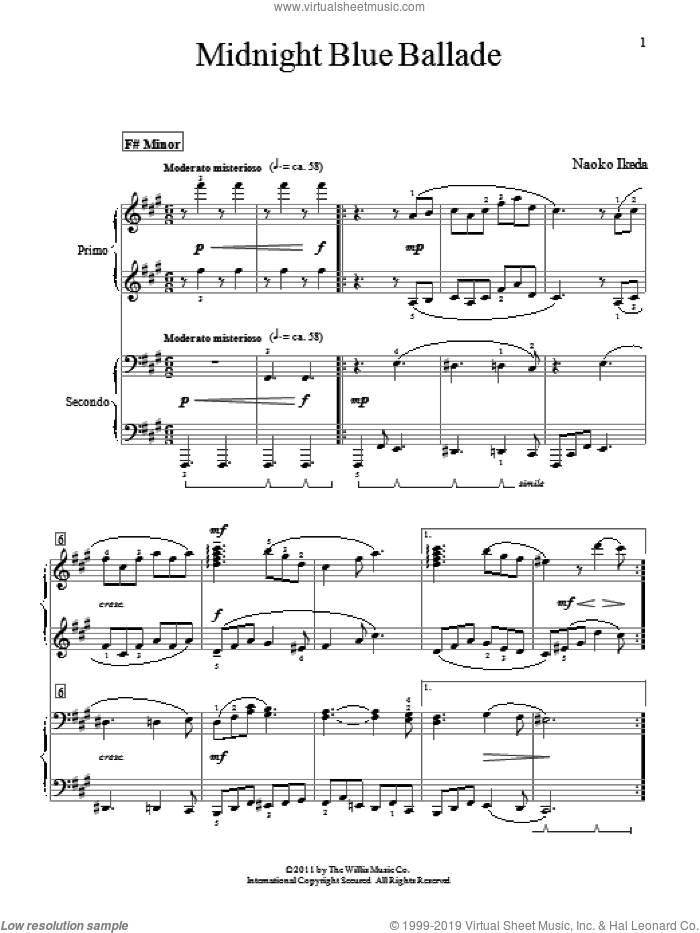 Midnight Blue Ballade sheet music for piano four hands by Naoko Ikeda, intermediate skill level