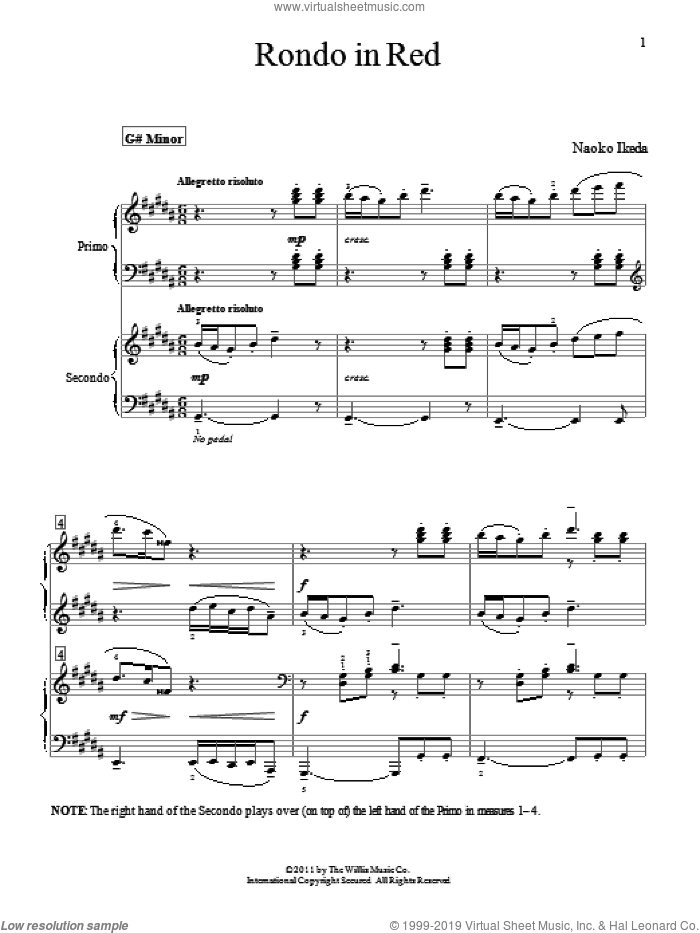 Rondo In Red sheet music for piano four hands by Naoko Ikeda, intermediate skill level