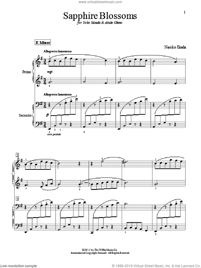 Sapphire Blossoms sheet music for piano four hands by Naoko Ikeda, intermediate skill level