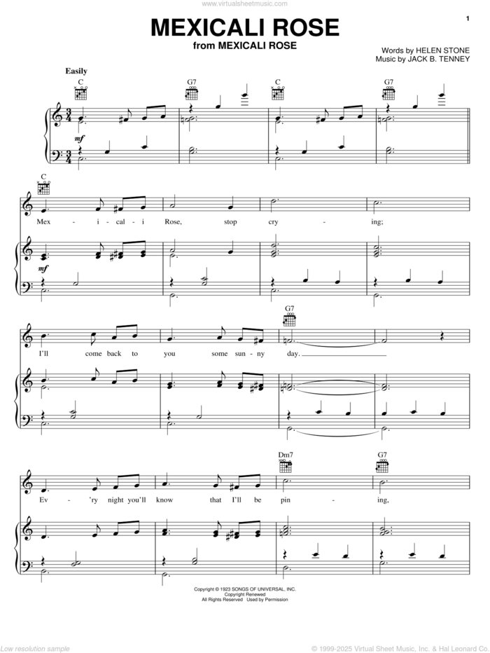 Mexicali Rose sheet music for voice, piano or guitar by Gene Autry, Bing Crosby, Jerry Lee Lewis, Jim Reeves, Vera Lynn, Helen Stone and Jack B. Tenney, intermediate skill level