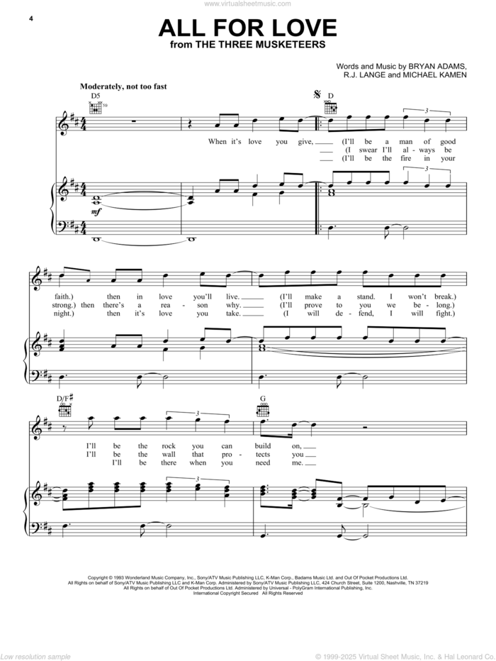 All For Love sheet music for voice, piano or guitar by Bryan Adams, Rod Stewart & Sting, Bryan Adams, Rod Stewart, Sting, Michael Kamen and Robert John Lange, wedding score, intermediate skill level