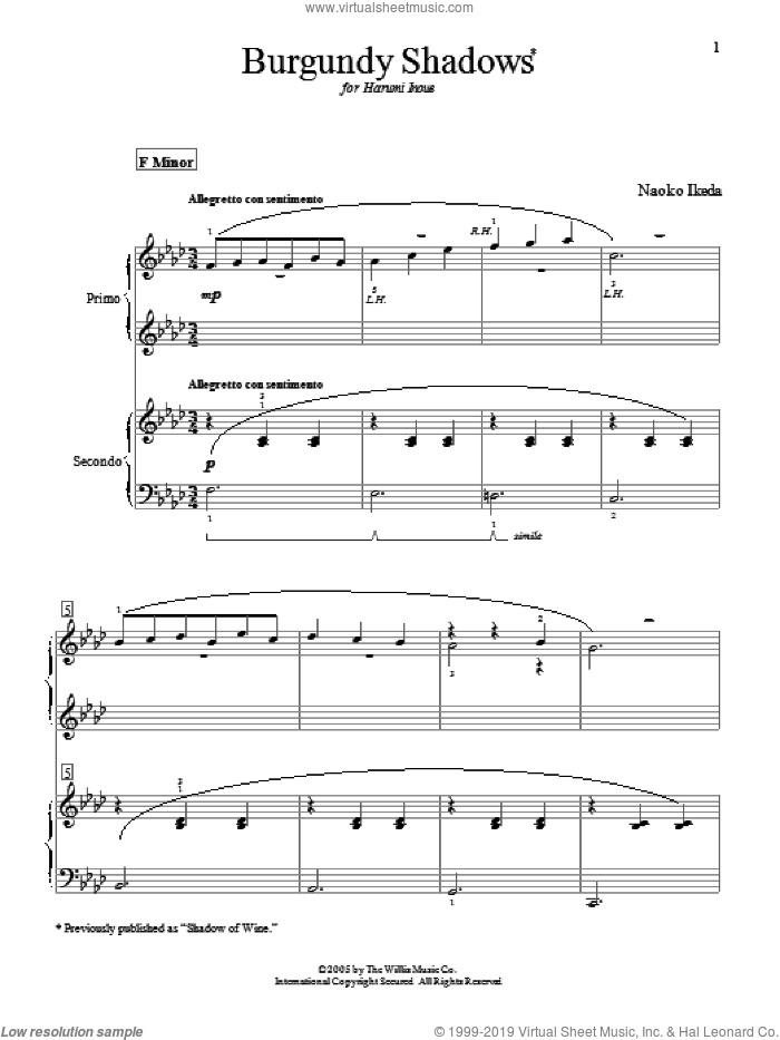 Burgundy Shadows (Shadow Of Wine) sheet music for piano four hands by Naoko Ikeda, intermediate skill level