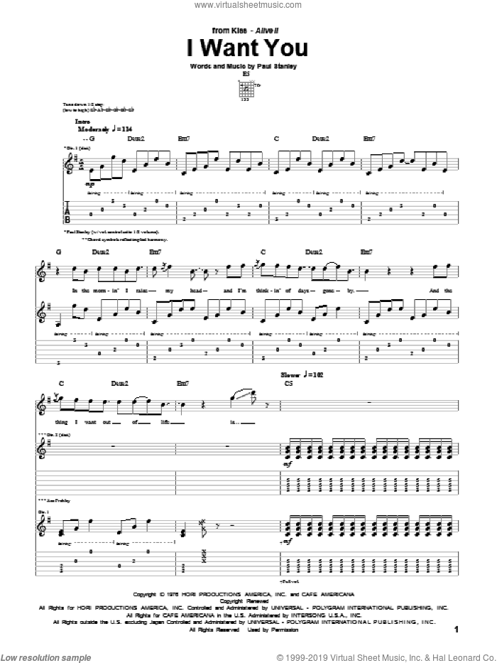 I Want You sheet music for guitar (tablature) by KISS and Paul Stanley, intermediate skill level
