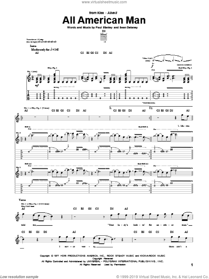 All American Man sheet music for guitar (tablature) by KISS, Paul Stanley and Sean Delaney, intermediate skill level