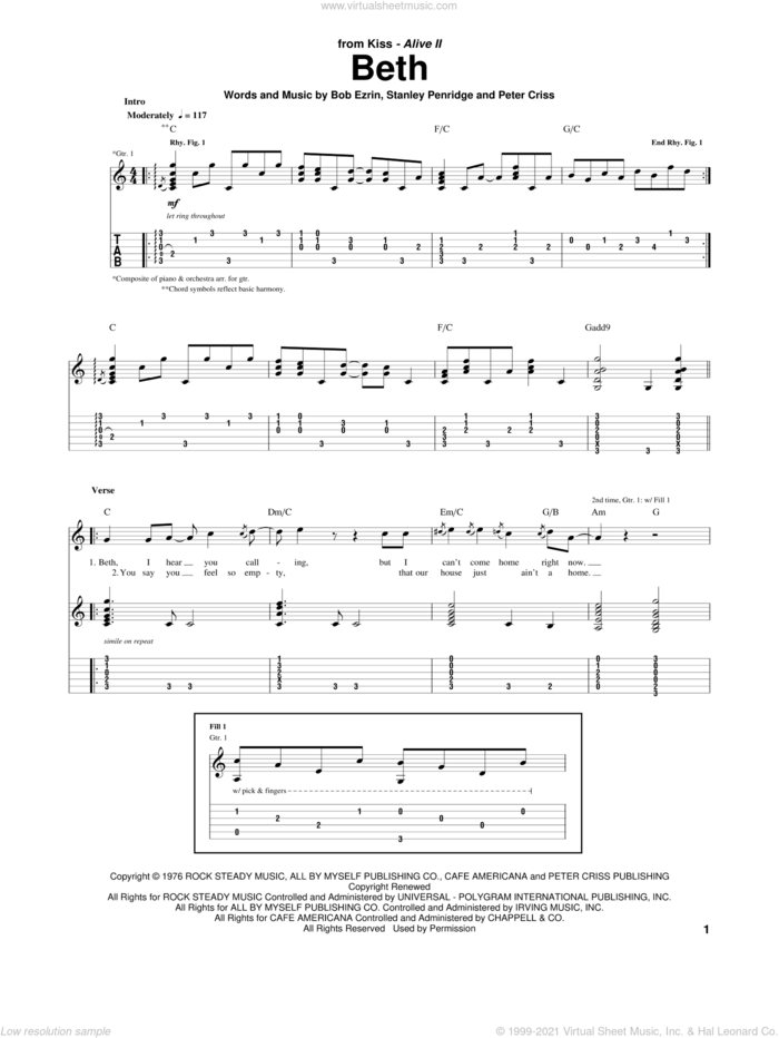 Beth sheet music for guitar (tablature) by KISS, Bob Ezrin, Peter Criss and Stan Penridge, intermediate skill level