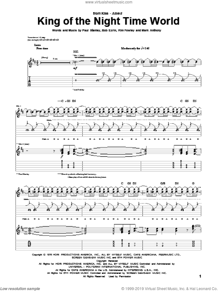 King Of The Night Time World sheet music for guitar (tablature) by KISS, Bob Ezrin, Kim Fowley, Mark Anthony and Paul Stanley, intermediate skill level