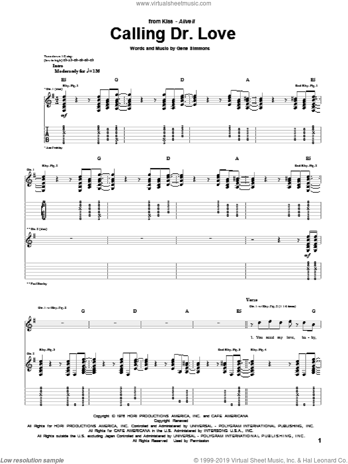 Calling Dr. Love sheet music for guitar (tablature) by KISS and Gene Simmons, intermediate skill level