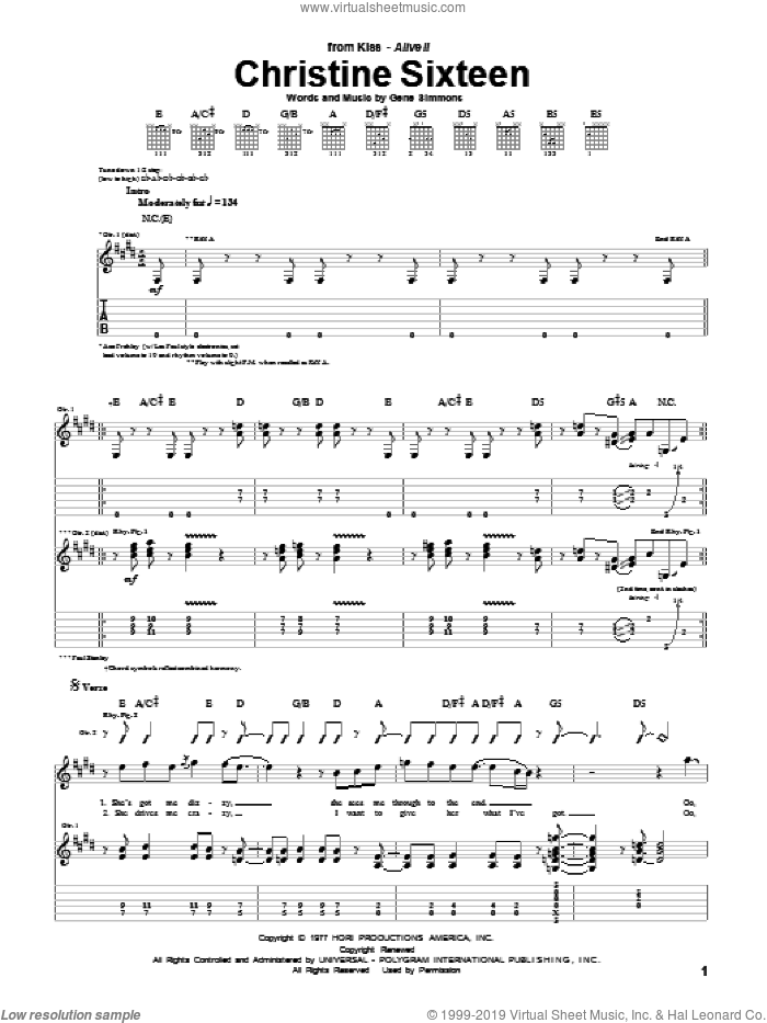 Christine Sixteen sheet music for guitar (tablature) by KISS and Gene Simmons, intermediate skill level