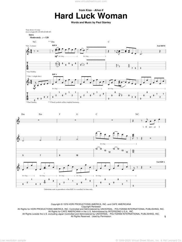 Hard Luck Woman sheet music for guitar (tablature) by KISS, Garth Brooks and Paul Stanley, intermediate skill level