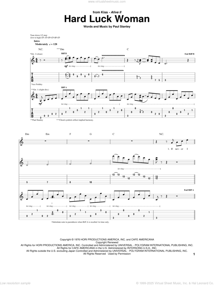 Hard Luck Woman sheet music for guitar (tablature) by KISS, Garth Brooks and Paul Stanley, intermediate skill level