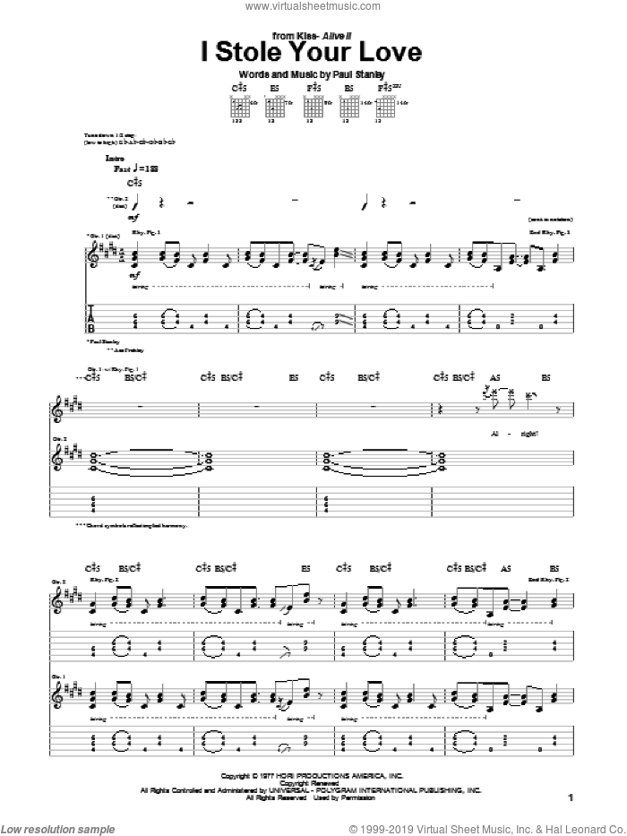 I Stole Your Love sheet music for guitar (tablature) by KISS and Paul Stanley, intermediate skill level