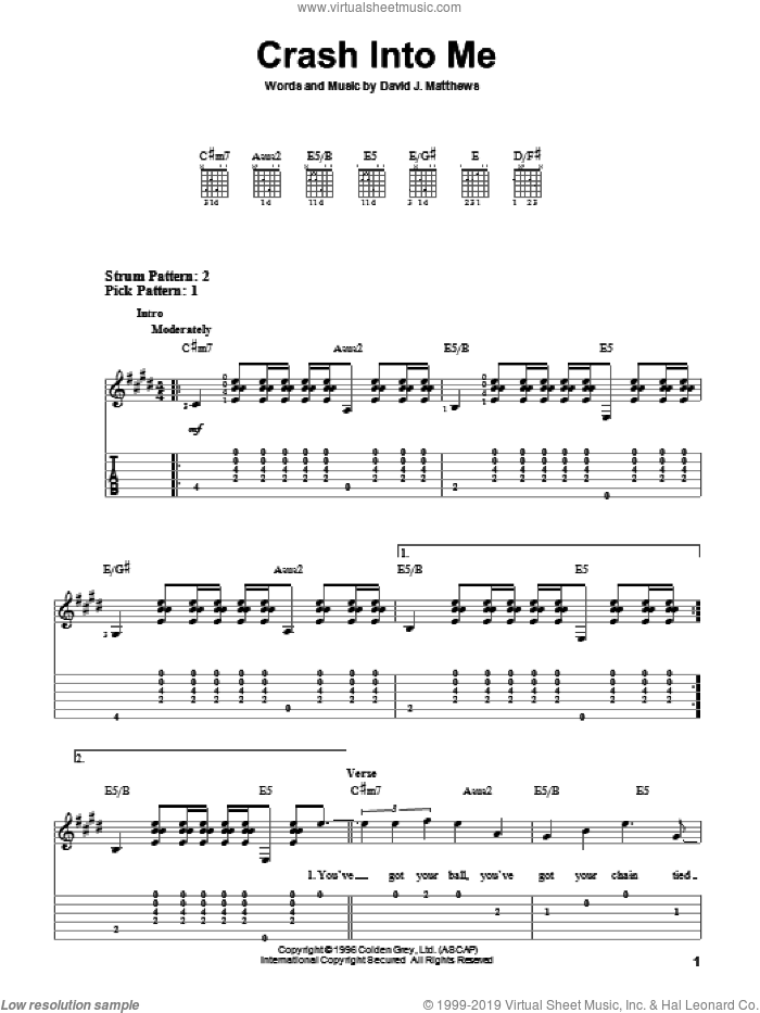 Crash Into Me sheet music for guitar solo (easy tablature) by Dave Matthews Band, easy guitar (easy tablature)