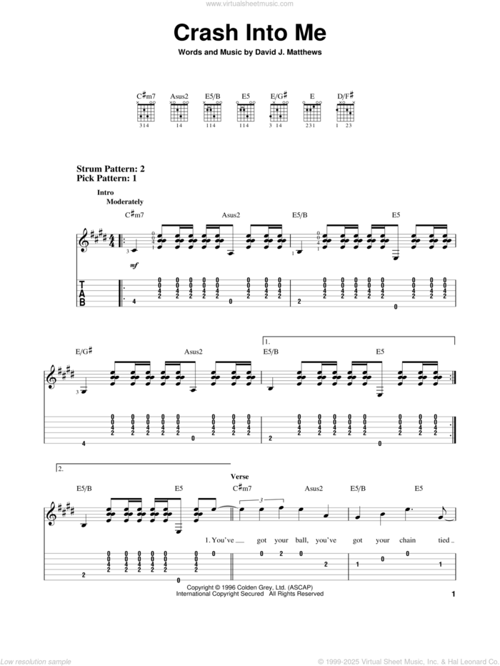 Crash Into Me sheet music for guitar solo (easy tablature) by Dave Matthews Band, easy guitar (easy tablature)