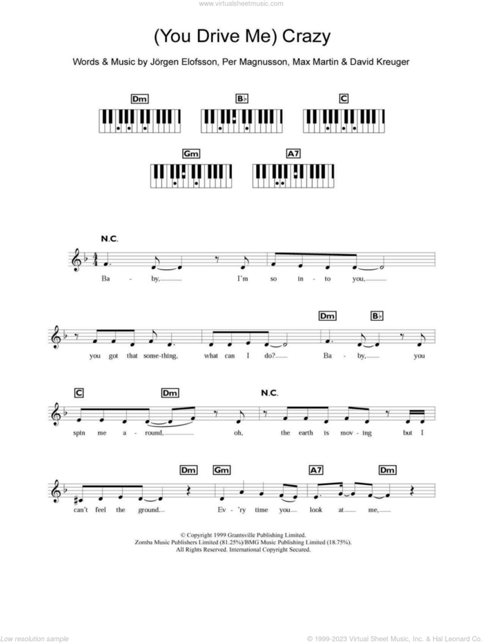 (You Drive Me) Crazy sheet music for piano solo (chords, lyrics, melody) by Britney Spears, David Kreuger, Jorgen Elofsson, Max Martin and Per Magnusson, intermediate piano (chords, lyrics, melody)