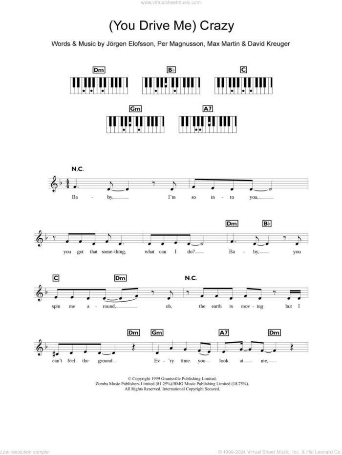 (You Drive Me) Crazy sheet music for piano solo (chords, lyrics, melody) by Britney Spears, David Kreuger, Jorgen Elofsson, Max Martin and Per Magnusson, intermediate piano (chords, lyrics, melody)