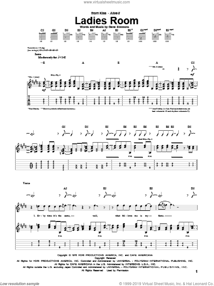 Ladies Room sheet music for guitar (tablature) by KISS and Gene Simmons, intermediate skill level
