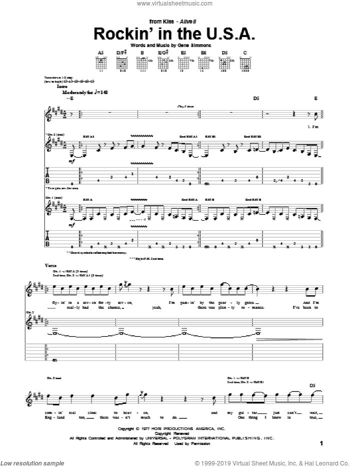 Rockin' In The U.S.A. sheet music for guitar (tablature) by KISS and Gene Simmons, intermediate skill level