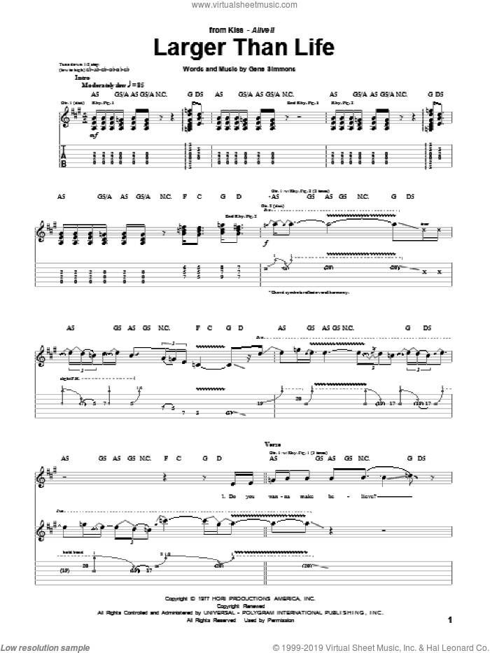 Larger Than Life sheet music for guitar (tablature) by KISS and Gene Simmons, intermediate skill level