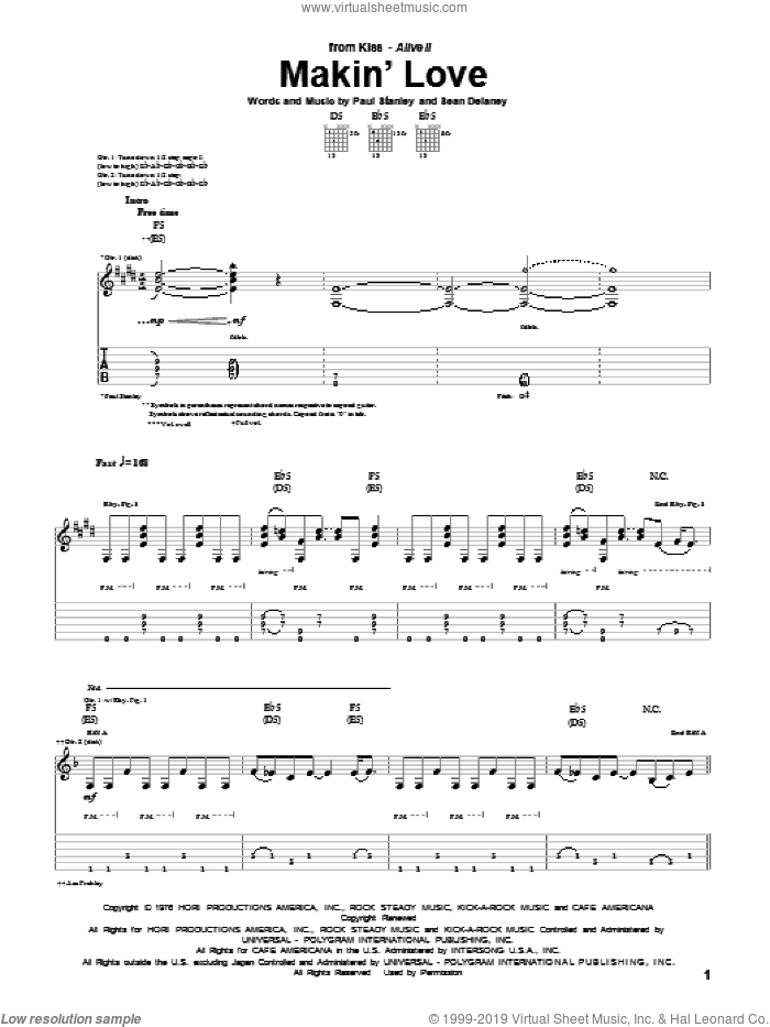Makin' Love sheet music for guitar (tablature) by KISS, Paul Stanley and Sean Delaney, intermediate skill level